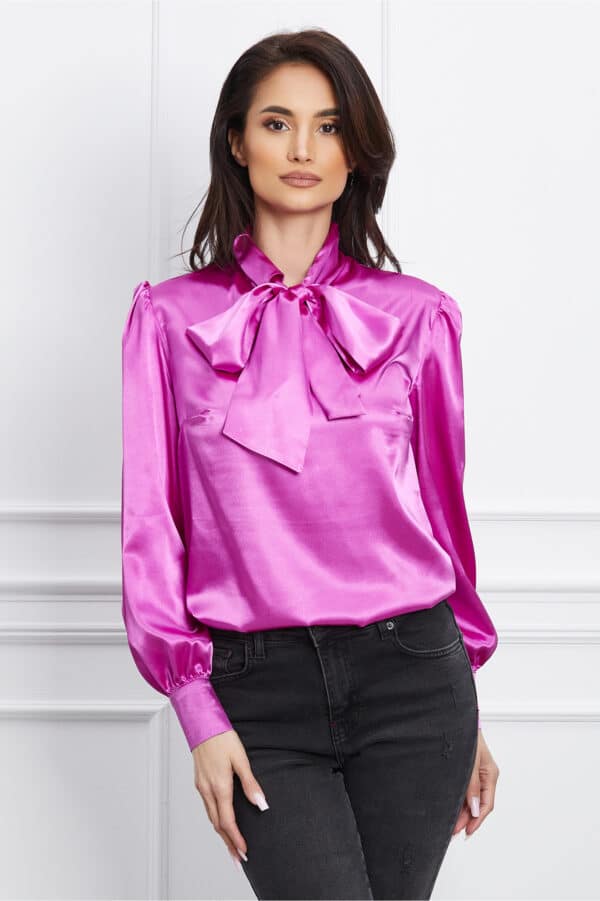 Bluza Dy Fashion fucsia din satin cu funda la guler