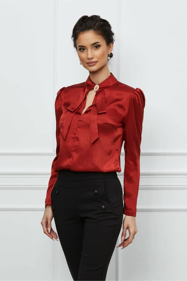 Bluza Dy Fashion rosie satinata cu funda si accesoriu la decolteu