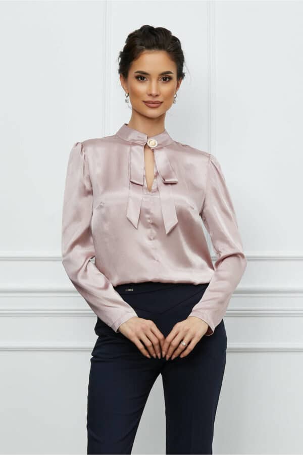 Bluza Dy Fashion roz satinata cu funda si accesoriu la decolteu