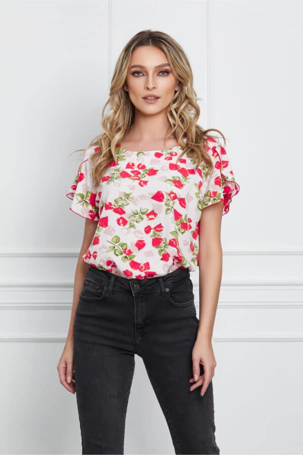 Bluza Frona alba cu flori rosii si maneci despicate