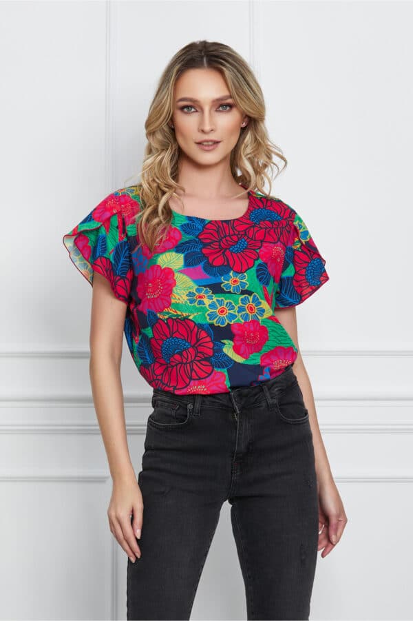 Bluza Frona bleumarin cu flori maxi rosii si maneci despicate