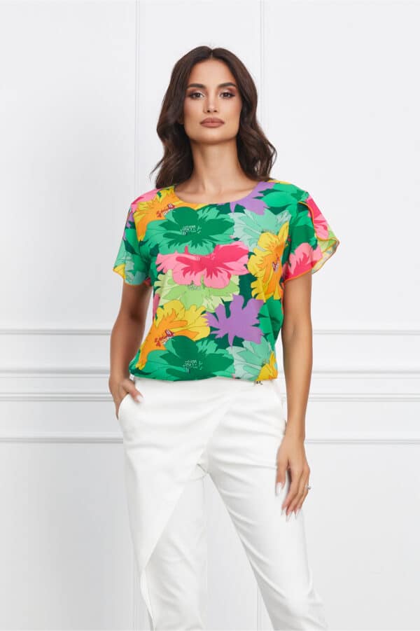 Bluza Frona verde cu flori fucsia si maneci despicate