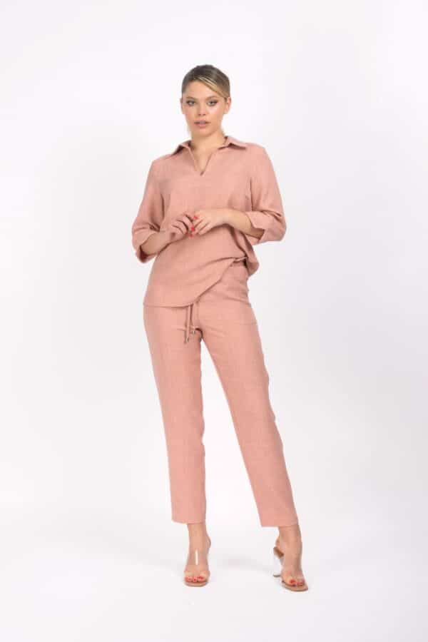 Bluza roz prafuit din vascoza cu lungime asimetrica si decolteu in V