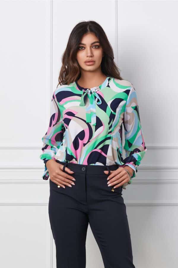 Bluza Manuela verde cu imprimeu bleu si bej