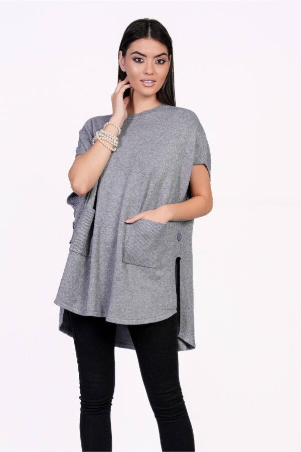 Bluza Mona tip poncho gri din tricot cu buzunare