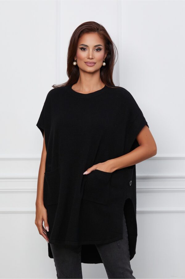 Bluza Mona tip poncho negru din tricot cu buzunare
