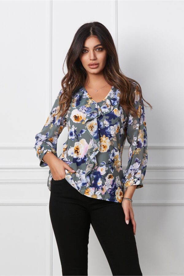 Bluza Sabrina kaki cu imprimeu floral bleumarin si galben
