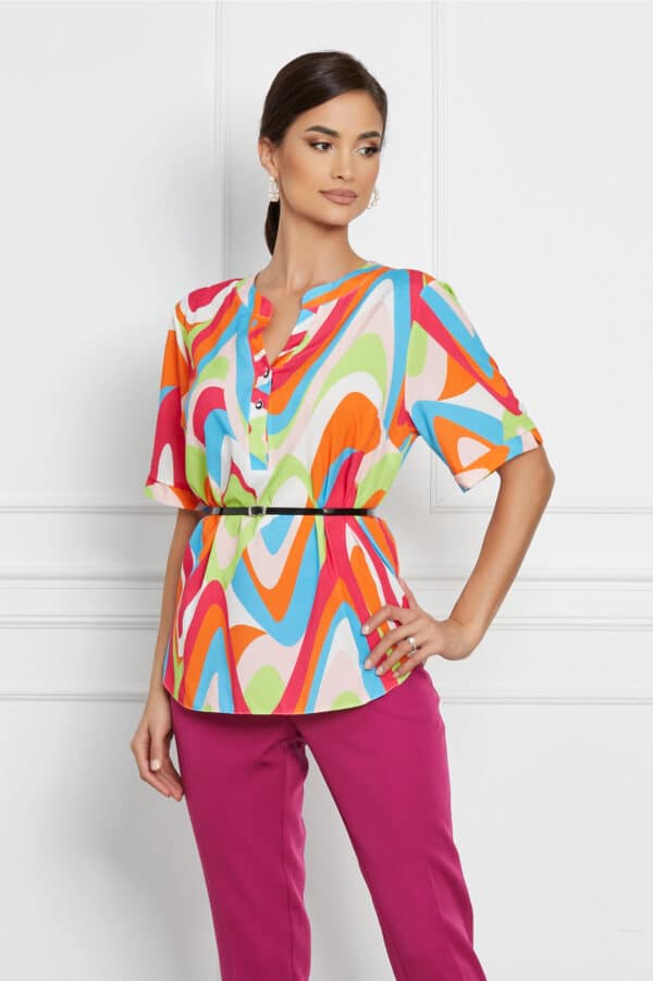 Bluza Vanessa cu imprimeu colorat si maneci scurte