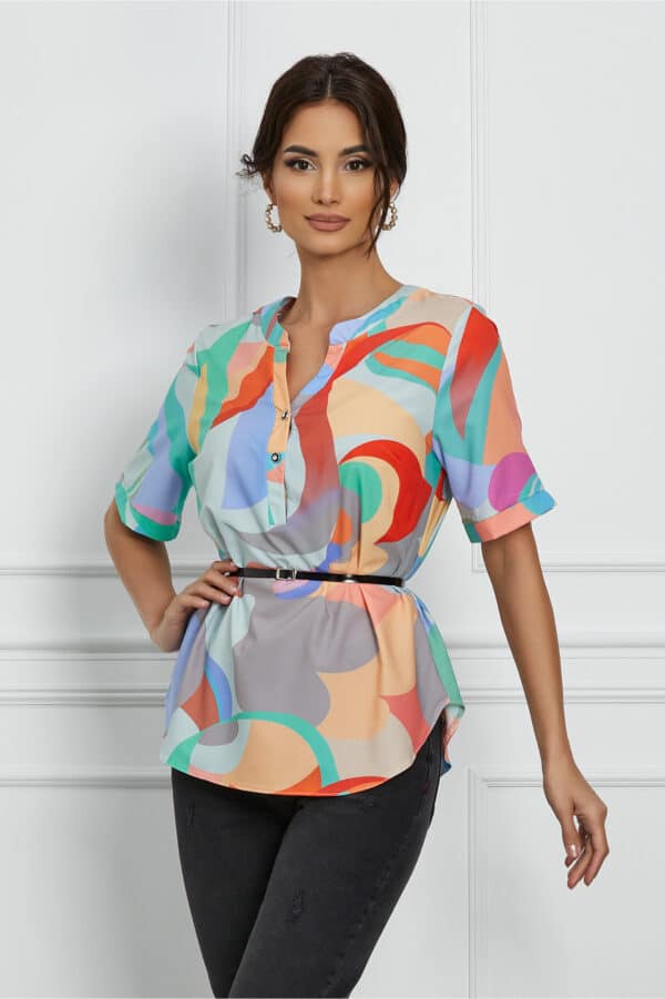 Bluza Vanessa verde mint cu imprimeu orange si maneci scurte