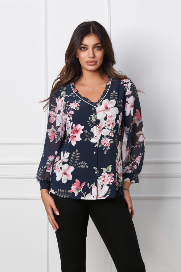 Camasa Adina bleumarin cu imprimeu floral roz