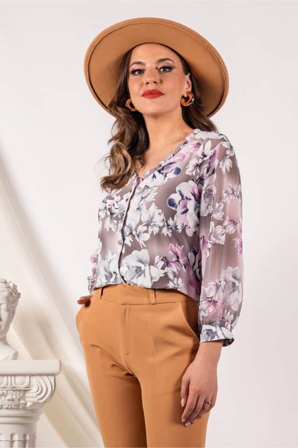 Camasa Adina maro cu imprimeu floral roz