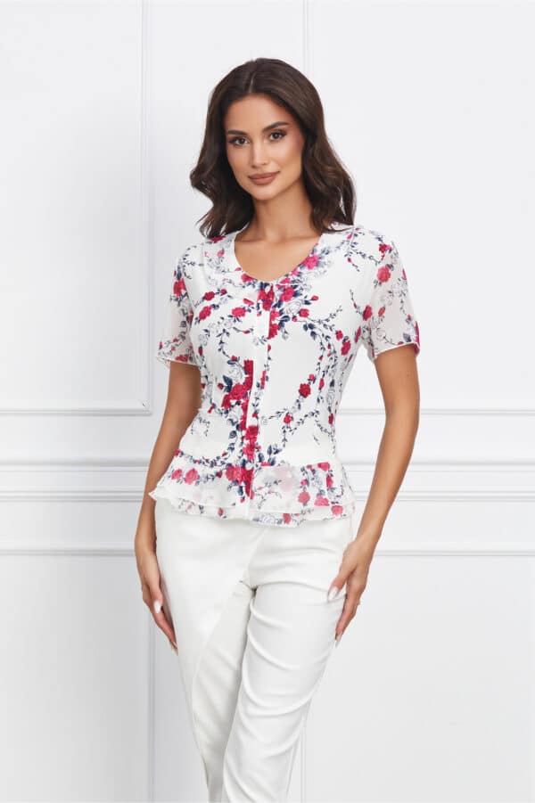 Camasa Aiana alba cu imprimeu floral rosu si volanase