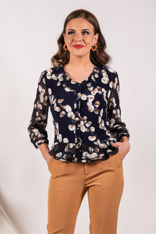 Camasa Aiana bleumarin cu flori maro si volanase