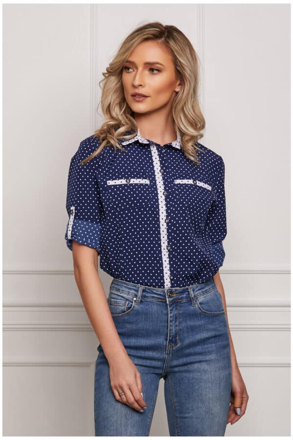Camasa Lary bleumarin cu buline albe si buzunare