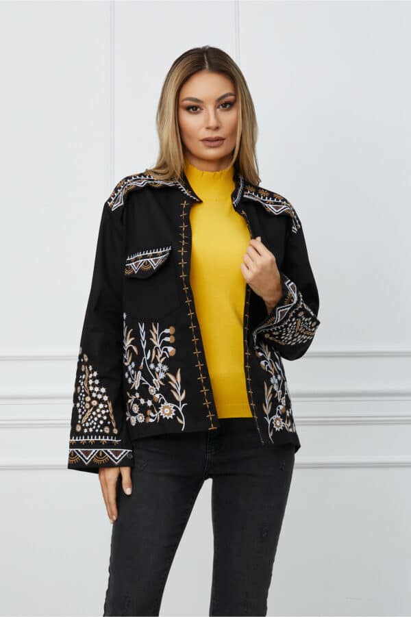 Camasa Natalia neagra cu broderie din denim subtire