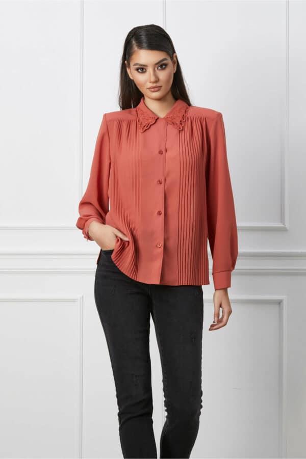Camasa Nico caramizie cu pliuri si maneci lungi