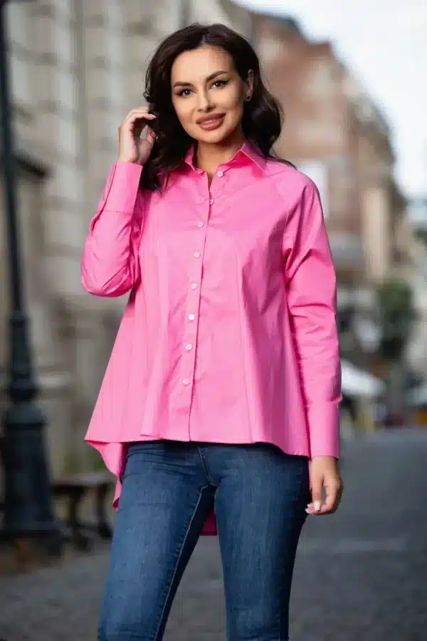Camasa asimetrica oversize roz din bumbac