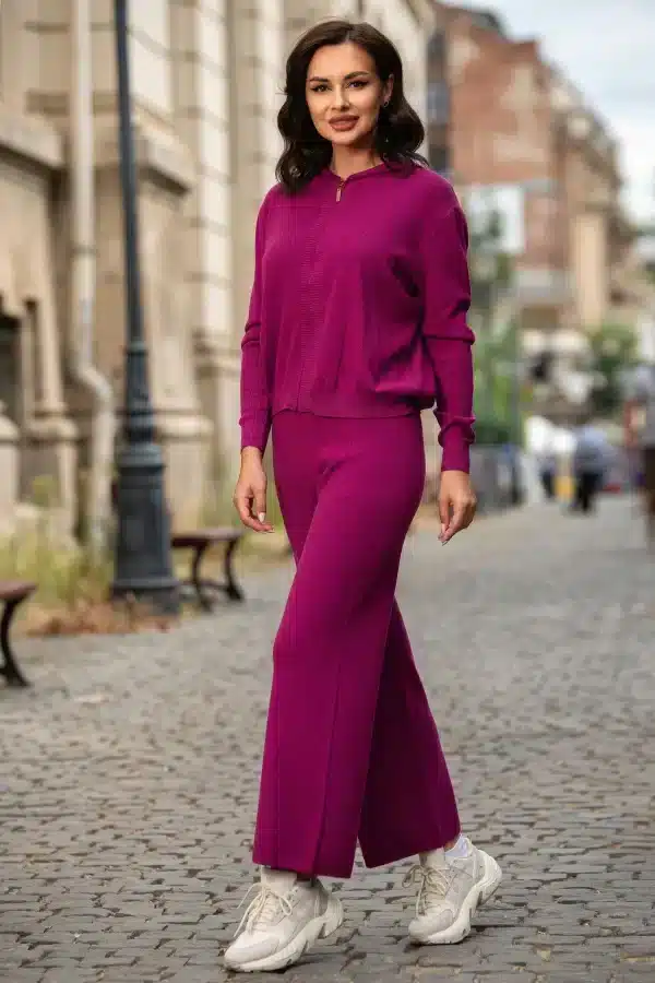 Compleu casual din tricot fin mov din doua piese