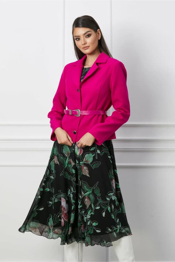 Compleu Dorina cu rochie neagra din voal si sacou fucsia