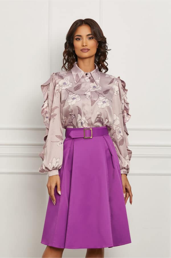 Compleu Dy Fashion cu fusta magenta si camasa lila cu imprimeu