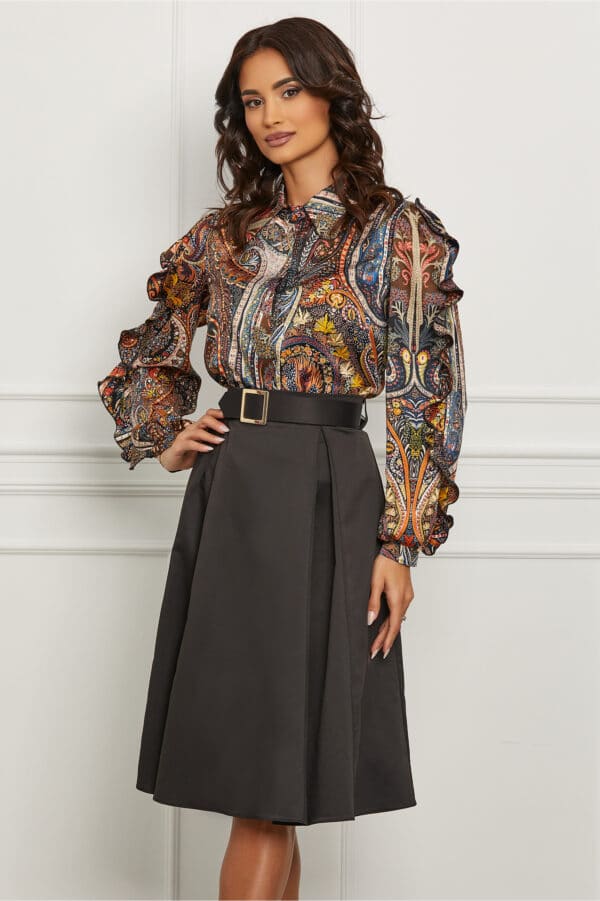 Compleu Dy Fashion cu fusta neagra si camasa cu imprimeu