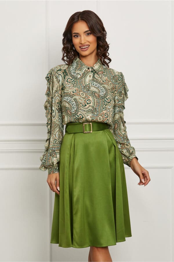 Compleu Dy Fashion cu fusta verde si camasa cu imprimeu