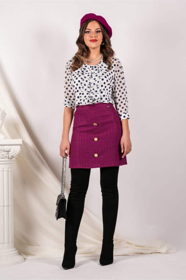 Fusta Dy Fashion magenta scurta din tweed cu nasturi