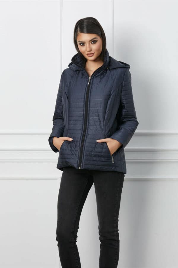 Geaca Anca bleumarin subtire cu gluga si design in dungi