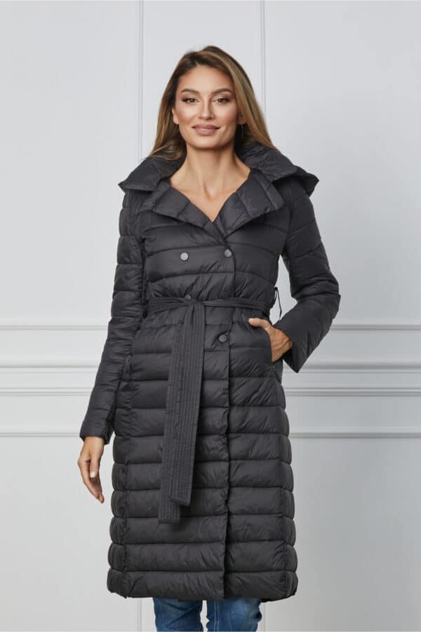 Geaca Mona neagra lunga cu gluga si cordon in talie