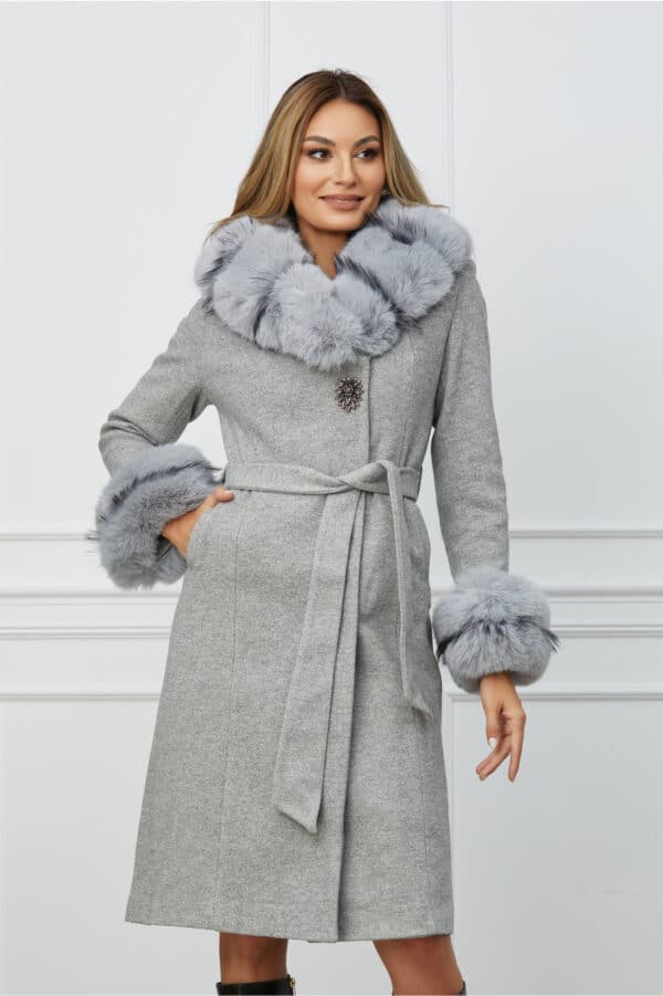 Palton Barbara gri lung cu blanita si cordon in talie