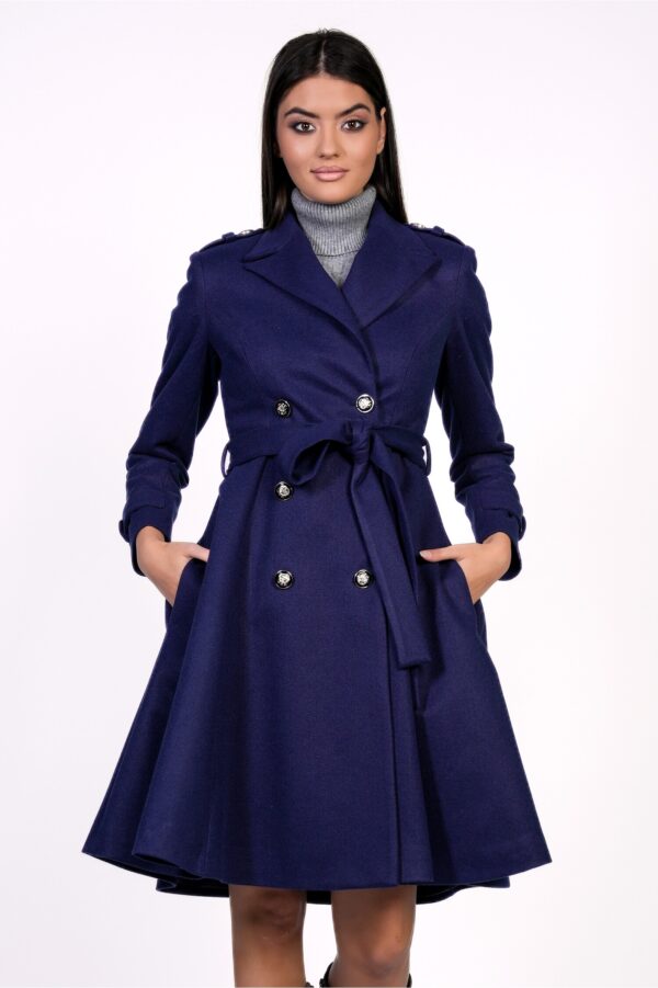 Palton Dy Fashion bleumarin cu nasturi si cordon in talie