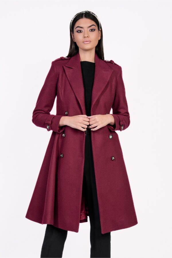 Palton Dy Fashion bordo cu nasturi si cordon in talie