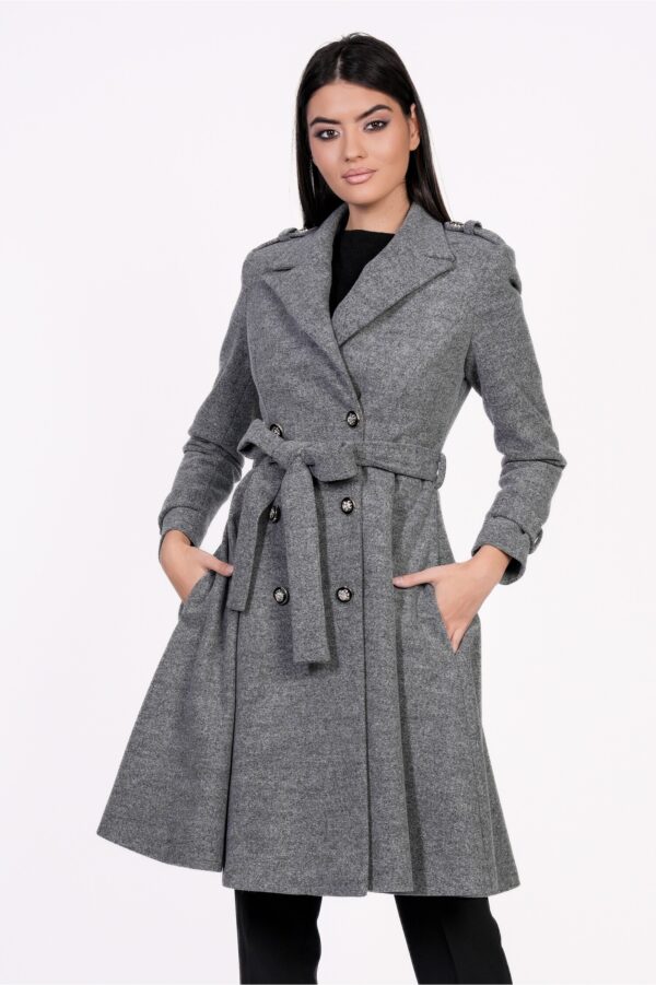 Palton Dy Fashion gri cu nasturi si cordon in talie