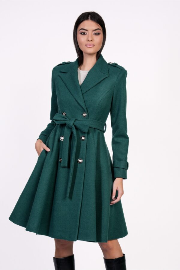 Palton Dy Fashion verde cu nasturi si cordon in talie