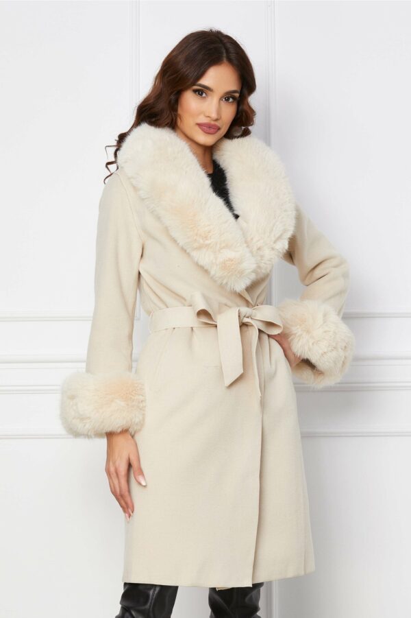 Palton Ofelia ivory cu blanita si cordon in talie