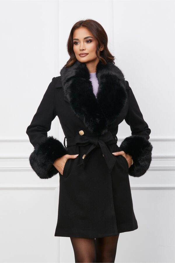 Palton Veronica negru cu blanita si cordon