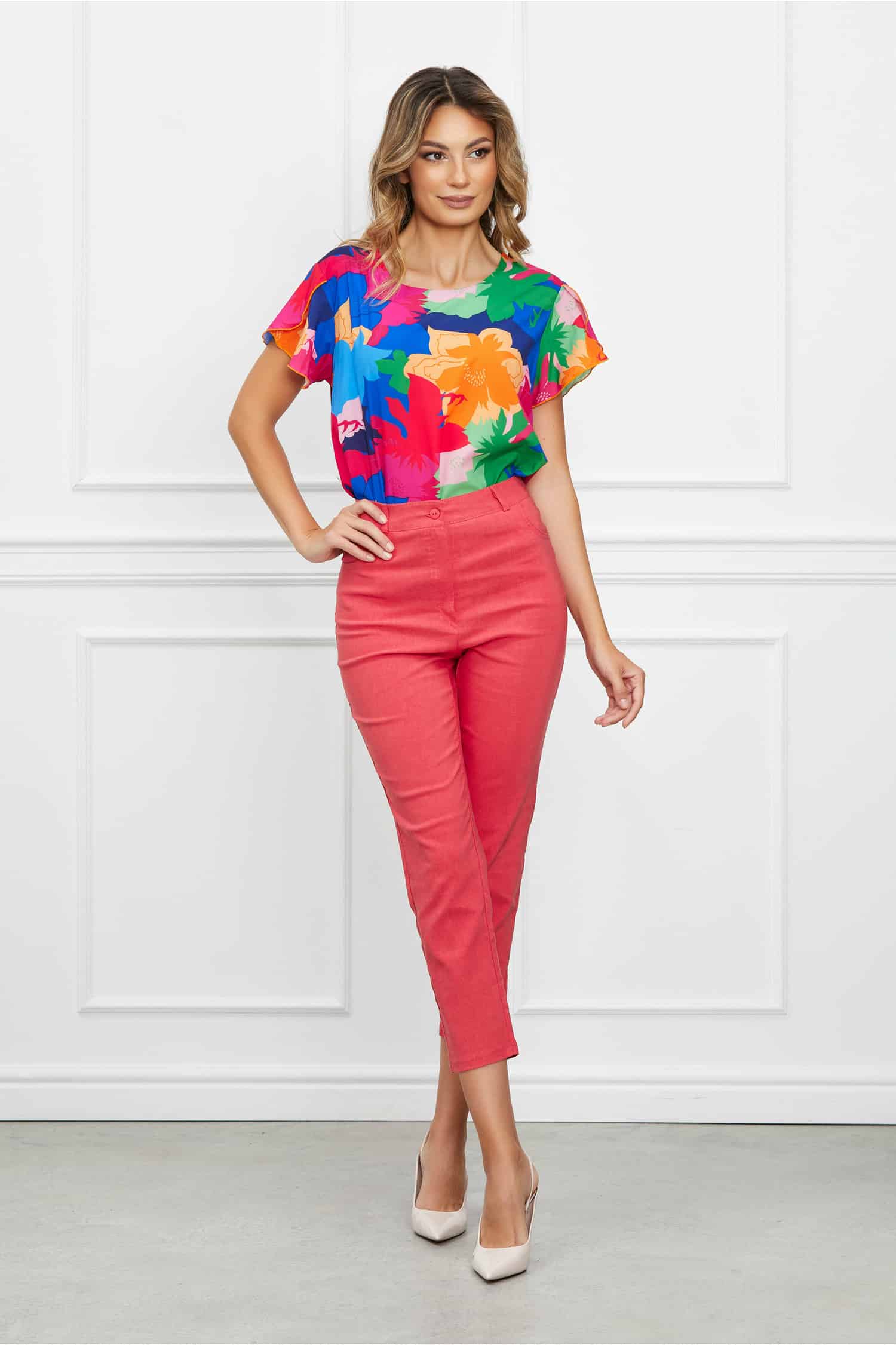 Pantaloni Lara corai cu buzunare