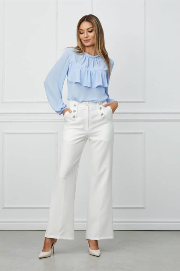 Pantaloni Moze albi evazati cu nasturi si buzunare