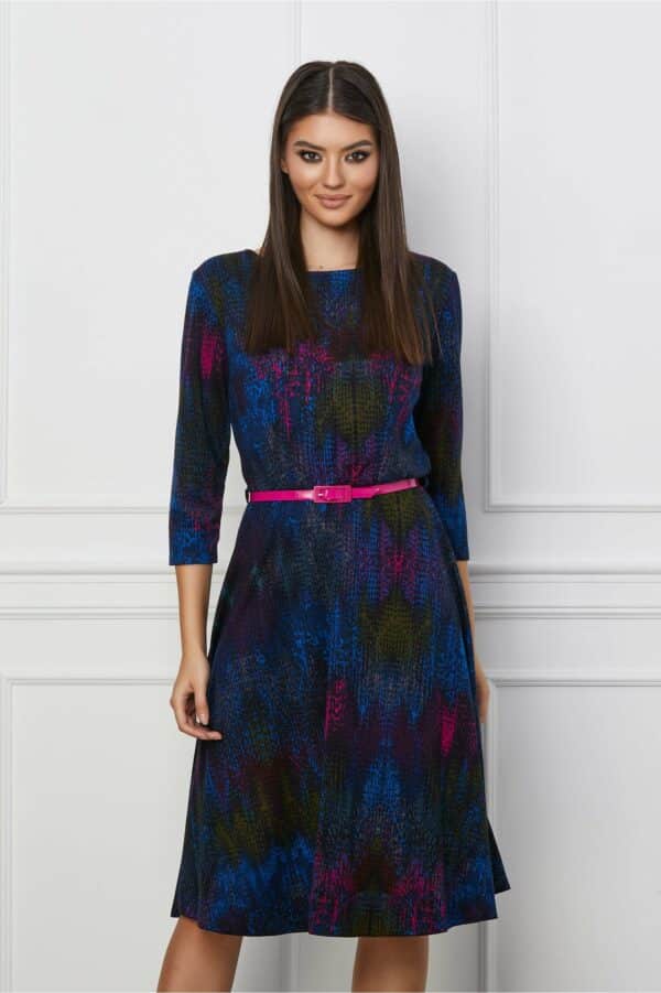 Rochie Alexa albastra cu imprimeu fucsia si curea in talie