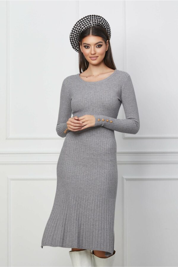 Rochie Antonia gri din tricot reiat cu nasturi pe maneci
