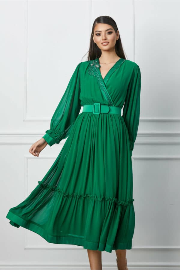 Rochie Bianca verde cu strasuri pe bust si curea in talie
