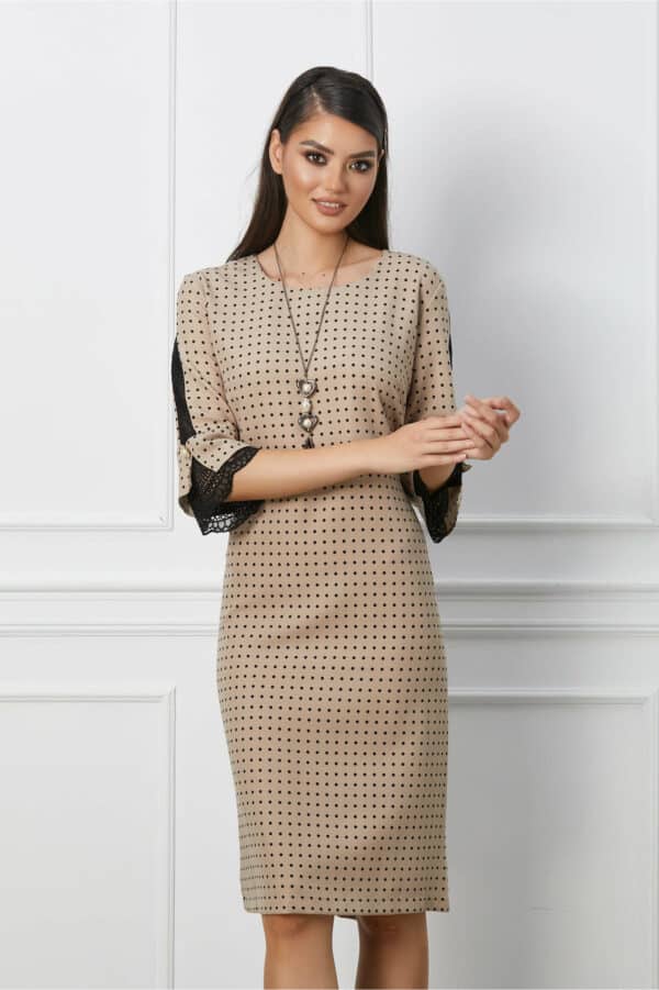 Rochie Camelia bej cu buline si dantela pe maneci