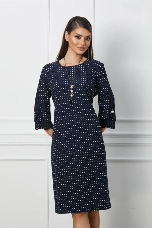 Rochie Camelia bleumarin cu buline si dantela pe maneci