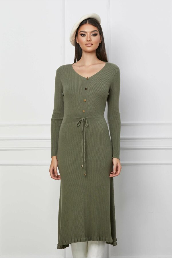 Rochie Christina kaki din tricot cu snur reglabil in talie