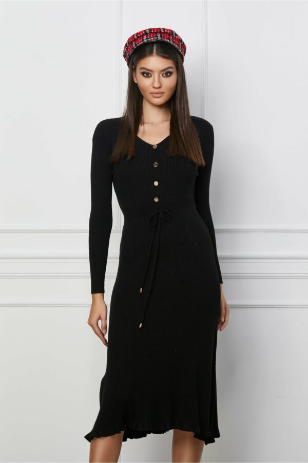 Rochie Christina neagra din tricot cu snur reglabil in talie