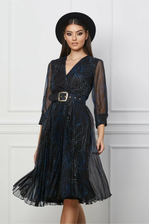 Rochie Crina neagra cu imprimeuri albastre si curea in talie