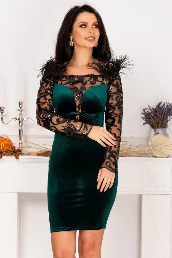 Rochie de ocazie Jacqueline verde cu maneci lungi brodate