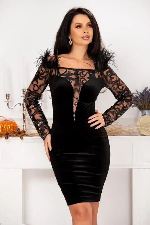 Rochie de ocazie neagra Jacqueline cu maneci lungi brodate