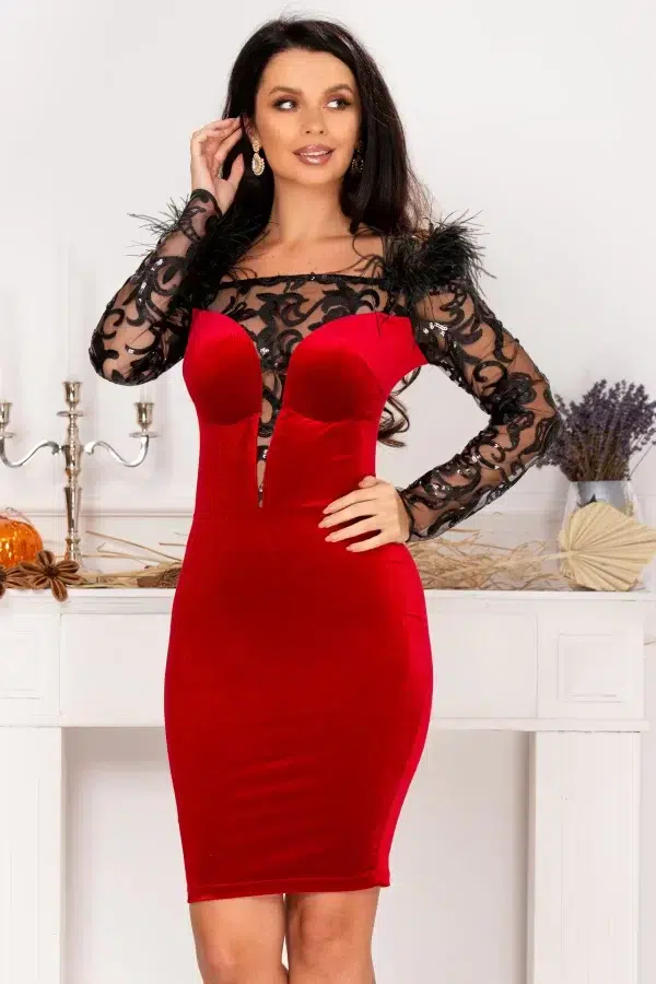 Rochie de ocazie rosie Jacqueline cu maneci lungi brodate