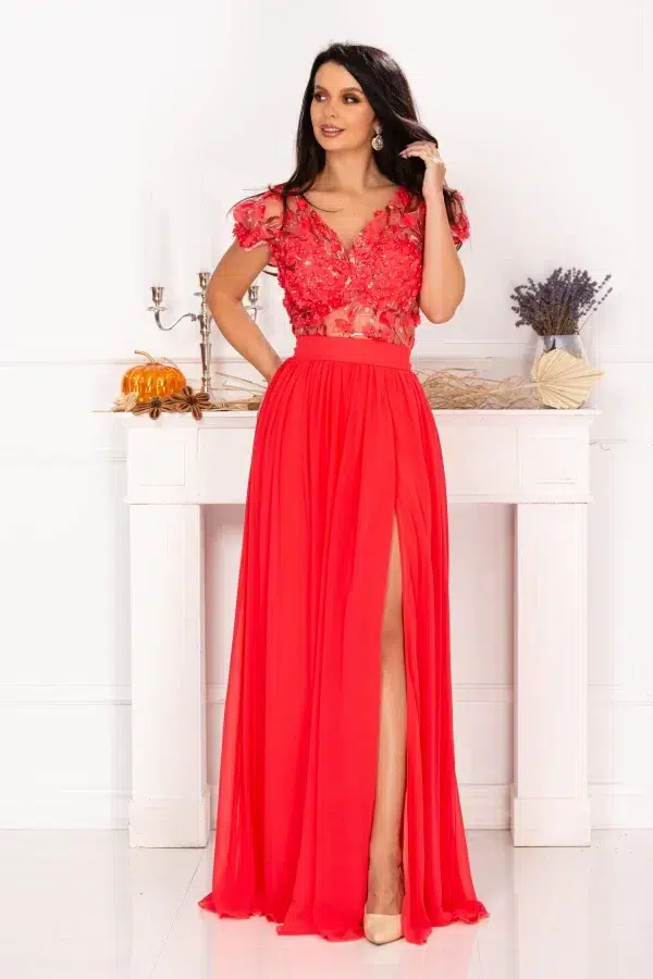 Rochie de seara Larissa coral din voal cu flori 3D